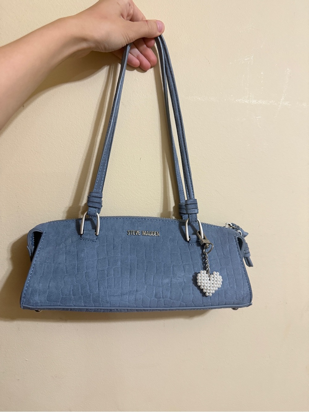 Steve Madden Dusty Blue Croc-Embossed Shoulder Bag with Pearl Heart Charm